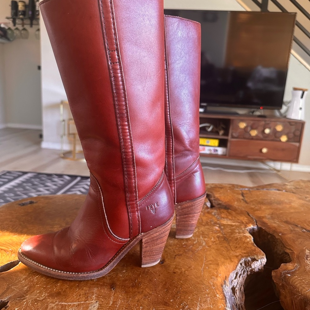 Frye Tall Burgundy Leather Stacked Heel Boots - Picture 2 of 5